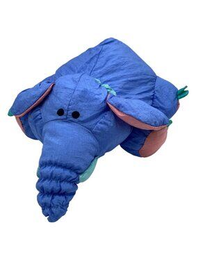Vintage Stuffed Elephant Nylon Plush Toy Blue Doshin Ind 14" 1980s Korea